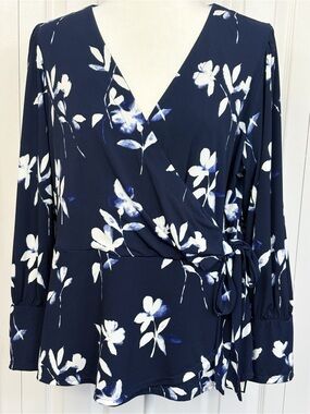 NWT Sam & Jess Navy Blue White Floral Knit Faux Wrap Side Tie Blouse XL